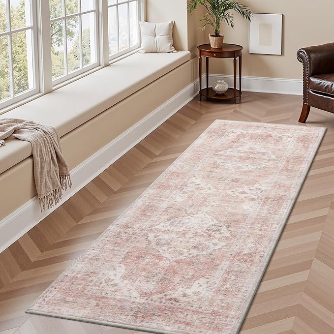 AMOAMI-2X6 Runner Rug-Washable Runners for Hallways-Soft Non Slip Bedside Rugs for Bedroom-Vintage Long Rug for Hallways Entryway Laundry Room Stair Kitchen Bathroom Pink
