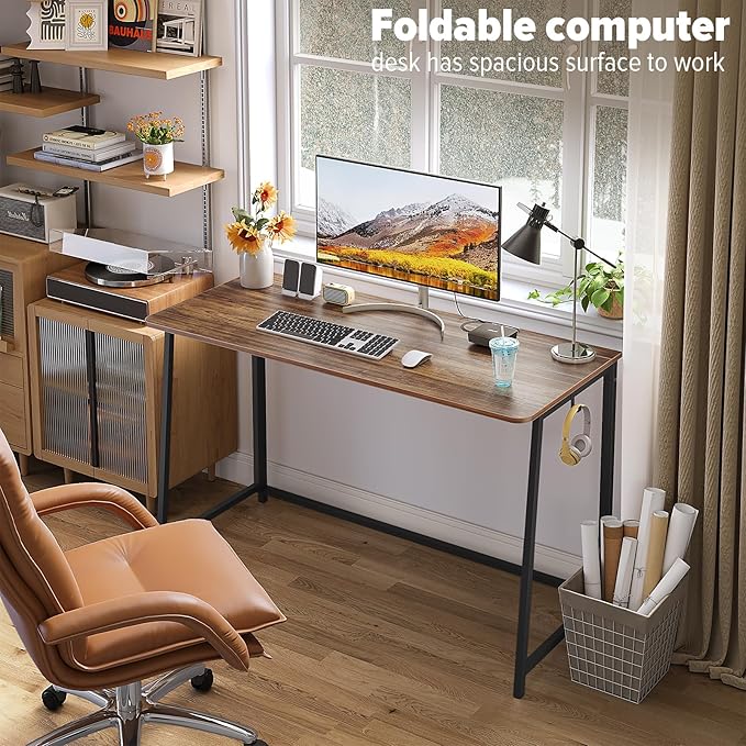 WOHOMO Folding Desk, 47.2" Foldable Computer Desk for Bedroom, Space Saving Computer Table Writing Workstation for Home Office, Easy Assembly, Walnut
