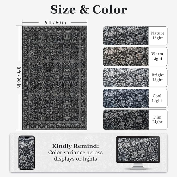 Washable Dark 5x8 Area Rugs, Vintage Farmhouse Earth Tone Carpet for Living Room Bedroom, Low Pile Thin Rug with Non Slip Rubber Backing for Dining Room Kitchen Home Office