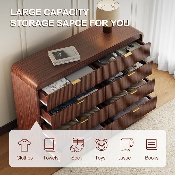 FURSUN Fluted 8 Drawers Dresser for Bedroom, 55" Wide Wooden Dresser with Metal Handle, Curved Profile Design, Modern Storage Organizer for Bedroom, Living Room, Hallway, Dark Walnut