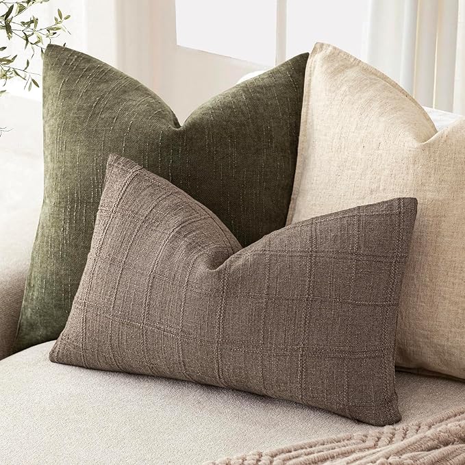 Foindtower Set of 2 Decorative Linen Check Throw Pillow Covers Neutral Farmhouse Lumbar Cushion Covers Modern Boho Home Decor for Sofa Chair Couch Bedroom Living Room,12×20 Inch,Taupe Grey