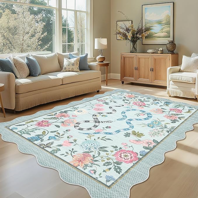 Garvee Washable 9x12 Area Rugs for Living Room Non Slip Botanical Snake Rugs for Bedroom, Boho Scalloped Stain-Resistant Dining Room Rug for Under Table Carpet for Home Office Playroom Farmhouse,Blue