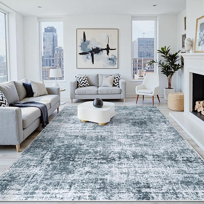 6x9 Area Rugs Washable Rug:Anti-Skid Abstract Modern Living Room Rug Soft Thin Carpets Indoor Floor Non-Shedding Carpet for Bedroom Dining Farmhouse Nursery Home Office(Light Slate Blue/White, 6x9)
