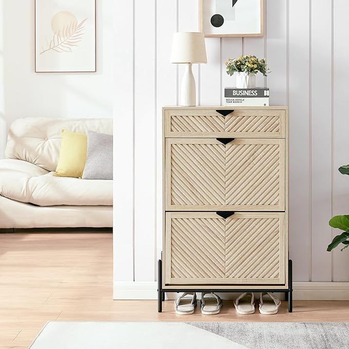 Shoe Cabinet Storage with 2 Flip Drawers, Narrow Hidden Shoes Cabinet Organizer for Entryway, Freestanding Slim Shoe Rack Front Door Entrance(Oak)