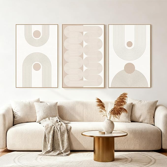 SAFERRYHOME Boho Abstract Wall Art Set of 3, Mid Century Neutral Framed Canvas Print Beige Modern Wall Decor, Geometric Line Artwork for Living Room Bedroom Office,Ready to Hang, 16"x24"