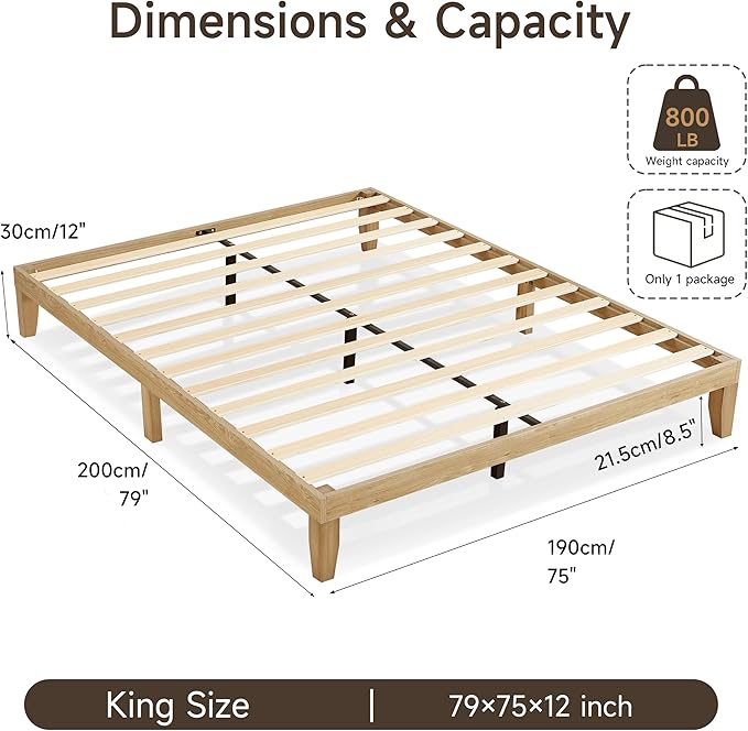 King Bed Frame Wood Platform Bed with Wooden Slats Support 8.5-inch Underbed Space for Storage No Box Spring Needed - Noise-Free Design-Easy Assembly - Minimalist Style
