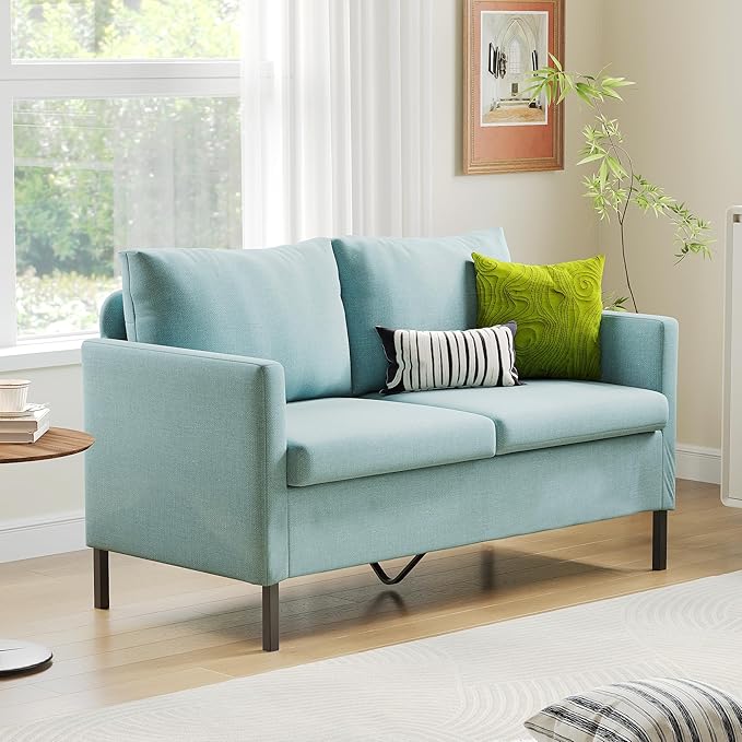 TYBOATLE 51" W Linen Fabric Upholstered Modern Loveseat Sofa Couch for Living Room, Love Seats 2-Seater Furniture w/Iron Legs for Compact Space, Apartment, Bedroom, Dorm, Office, Aqua Blue