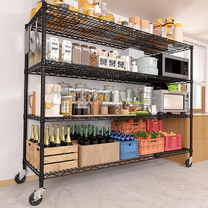 PrimeZone 3 Packs 55.5" W x 24" D x 80" H Heavy Duty Wire Storage Shelves with Wheels, 4 Tier Adjustable NSF Commercial Garage Shelving Unit, Rolling Metal Organizer Shelf Rack for Warehouse, Pantry