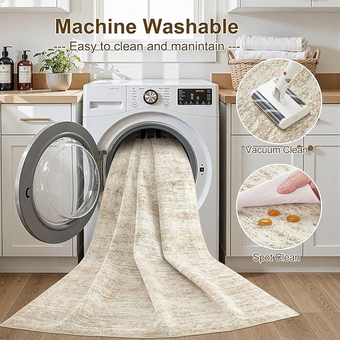 cotiled Large Area Rugs for Living Room 9x12, Machine Washable Rugs with Non Slip Backing Modern Neutral Abstract Rugs Stain Resistant Distressed Carpets for Home Office Decor (9x12 Beige/Brown)