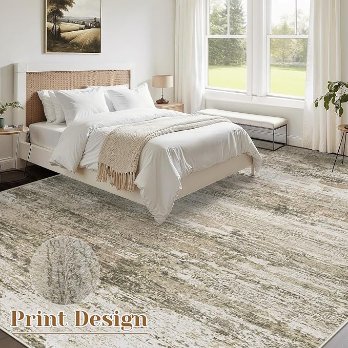 Washable Rug 9x12 Area Rugs for Living Room: Large Neutral Soft Rug Abstract Non Slip Low Pile Modern Carpet for Bedroom Kitchen Nursery Office Dining Room Indoor (Brown, 9'x12')