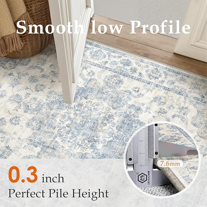 10x14 Neutral Area Rug Blue Vintage Living Room Bedroom Washable Carpet Non-Slip Soft Low Pile Farmhouse Indoor Large Throw Rug for Dining Room Office