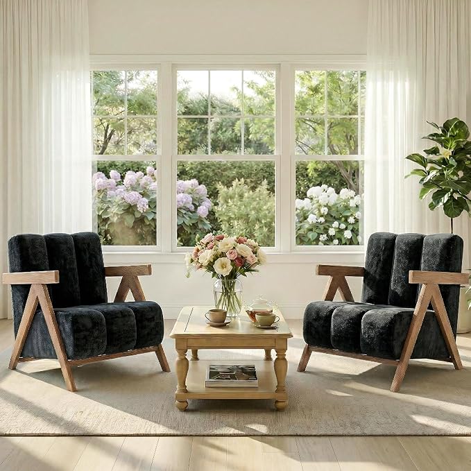Modern Accent Chair Set of 2 for Living Room Bedroom,Comfy Chenille Reading Chair with Wood Frame,Upholstered Lounge Armchair with Thick High-Elastic Sponge for Apartment & Waiting Room(Black,2)