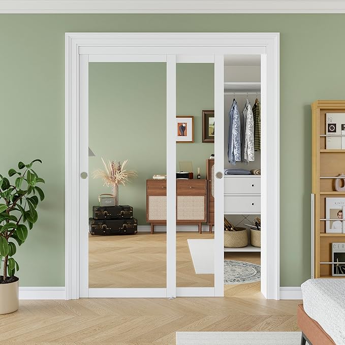 Sliding Closet Door 60" x 80", One-Side Mirror Bypass Door Panel with Hardware Track Kit & Floor Guide, Solid Wood Slab Pre-Assembled with PVC Surface for Bedroom, Silver Round Handle