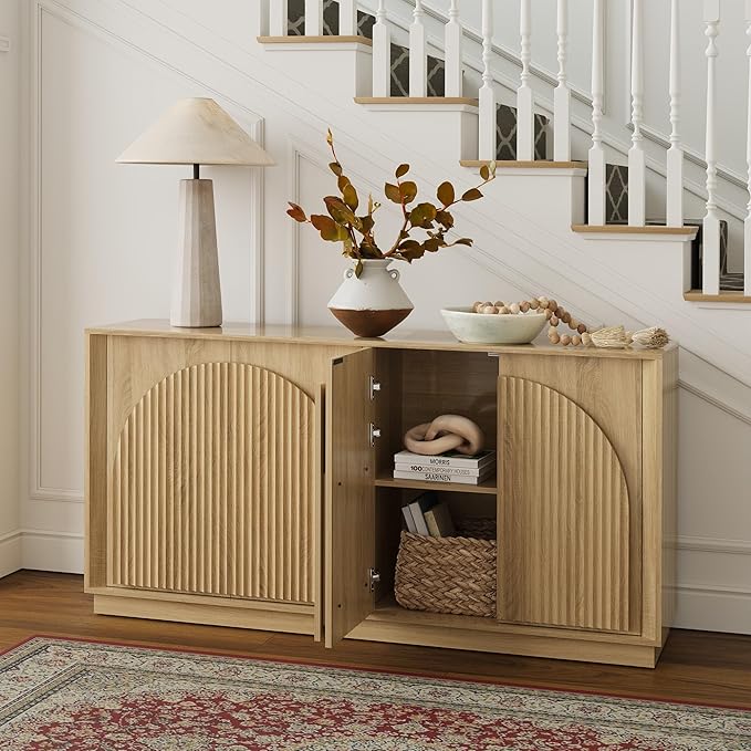 win2win Fluted Sideboard Buffet Cabinet with Storage, 65" Modern Accent Cabinet with Double-Layered Arch Doors, Wood Boho Media TV Console Table Credenza for Living Dining Room Hallway Entryway, Oak