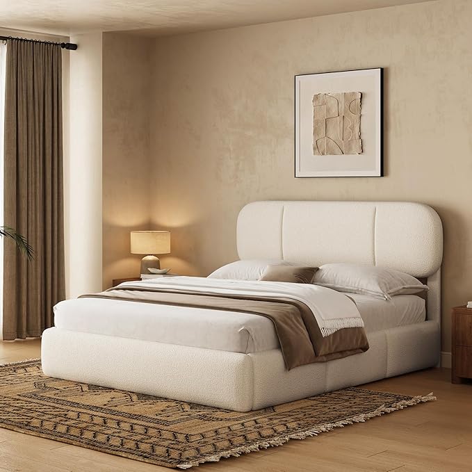 Full Size Bed Frame with Storage, Boucle Cloud Bed with 4 Locking Drawers & LED Lights, Modern Upholstered Platform Bed, Plush Sides & Footboard, Adjustable Headboard, No Box Spring, Beige