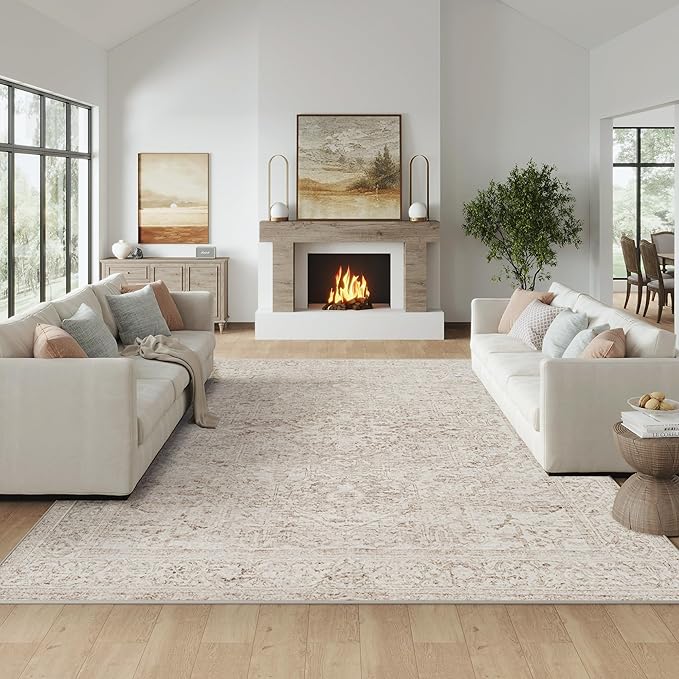 FMFUNCTEX 12x15 Washable Area Rug Beige Vintage Neutral Distressed Oriental Large Non Slip Carpet for Living Room Bedroom Soft Low Pile Indoor Mat Retro Rug for Dining Room Kitchen Office Nursery
