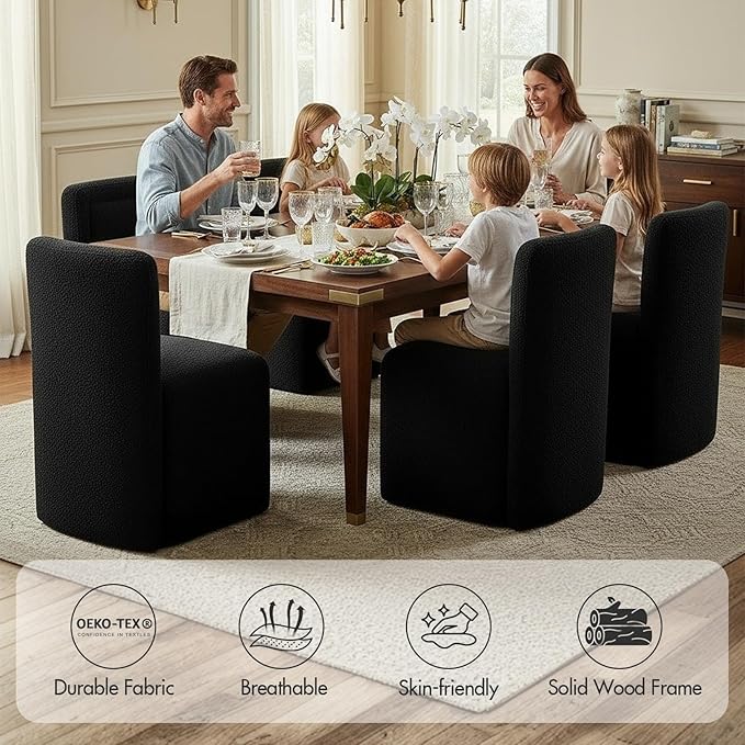 Hyfirm Black Upholstered Dining Chairs Set of 2, Mid-Century Scandinavian Parsons Armless Chairs in Boucle Fabric with Plush Seat Cushion for Diningroom Bedroom Livingroom Reading Room