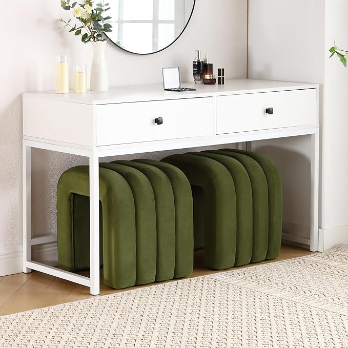 Multi-Functional Ottoman Stool Set of 2, Footrest for Couch, Modern Vanity Stool for Make-up Room, Living Room and Entryway, Small Cute Footstool (Olive Green Velvet)