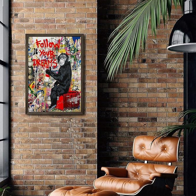 Banksy Canvas Wall Art Monkey Follow Your Dreams Street Graffiti Wall Art Banksy Prints Gorilla Poster Monkey Artwork Graffiti Pictures Painting for Home Living Room Decor 12x16 Inch Wood Framed