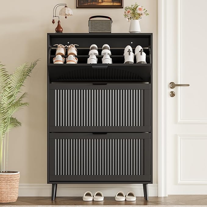 BORNOON Shoe Cabinet for Entryway with 3 Flip Drawers, Slim Wooden Shoe Storage Organizer with Modern Fluted Pannel，Freestanding Narrow Hidden Shoe Rack for Hallway, Foyer, Living Room