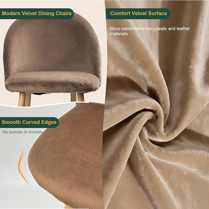 Dining Chairs Set of 2, Velvet Comfortable Seats, Mid-Century Modern Living Room Chairs, Upholstered Kitchen Chairs with Wooden Legs and Padded Seat for Bedroom Office Easy Assembly, Brown
