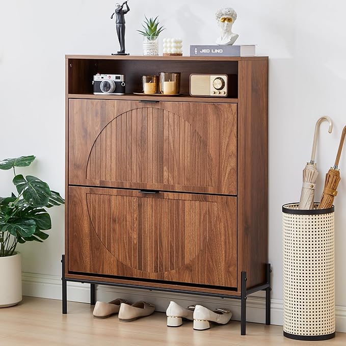 FurSch Fluted Shoe Cabinet with 2 Flip Drawers, Slim Freestanding Hidden Shoe Cabinet Organizer, Narrow Shoes Storage Rack for Entryway (All Walnut-2 Drawers, 9.45" D x 31.5" W x 41.93" H)