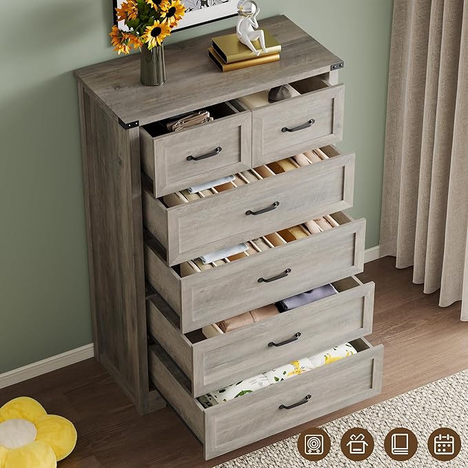 BORNOON Tall 6-Drawer Dresser for Bedroom, Modern Wooden Chest of Drawers with Metal Handles, Anti-Tipping Design, Sturdy and Stable Storage Organizer for Living Room, Entryway, Home Office