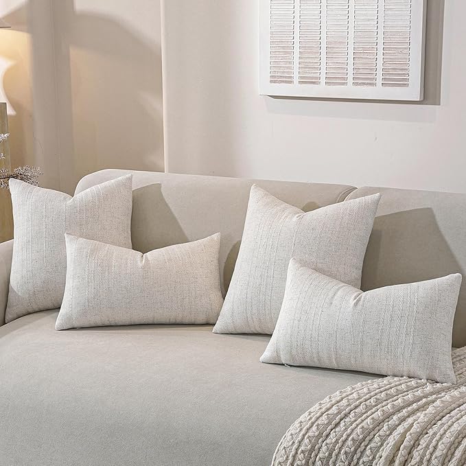 Decorative Neutral Striped Throw Pillow Covers Set of 2-22x22 Inch Boho Farmhouse Pillow Covers, Breathable & Soft Neutral Linen Blend Cushion Covers for Couch Sofa Bedroom Living Room