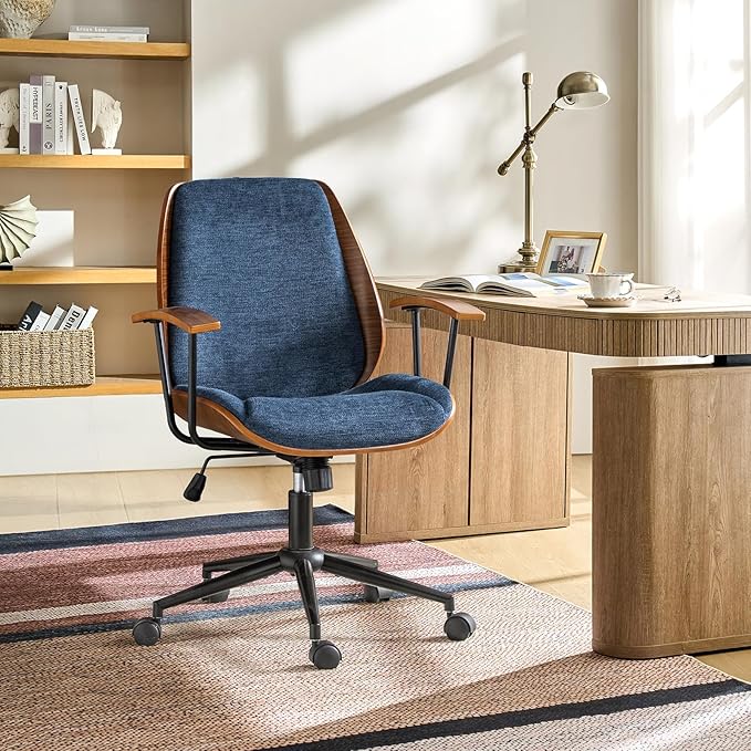 Modern Office Chair with Bentwood Polyester Upholstery Ergonomic Swivel Desk Chair with Adjustable Height for Home Office or Study Navy