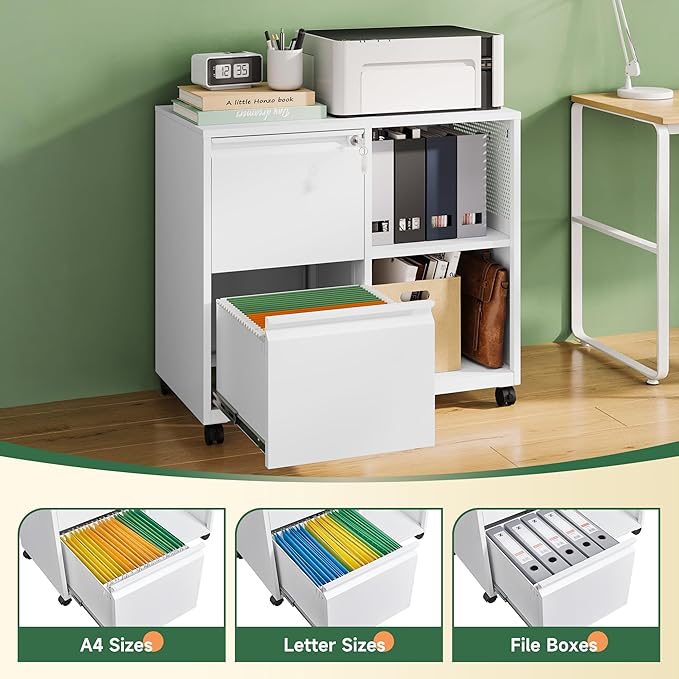 Letaya Mobile File Cabinet, Metal Lateral Rolling Printer Stand Filing Cabinets with Shelves for Home Office-Storage A4/F4/Letter (White)