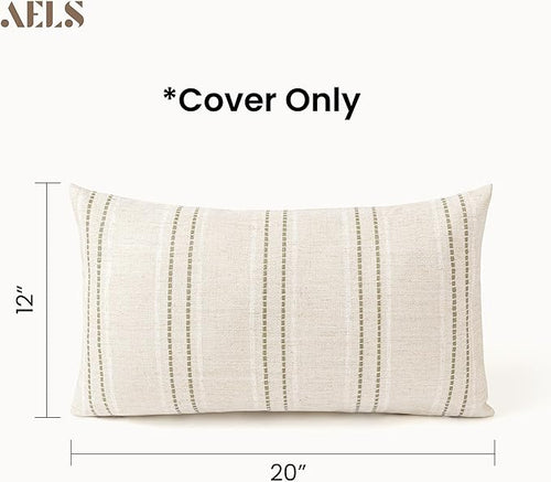 AELS 12x20 Decorative Farmhouse Linen Blend Throw Pillow Covers, Boho Textured Pillow Case, Set of 2, Beige with White & Brown Stitch Yarn Dyed Stripe Cushion Cover for Sofa Living Room (Cover ONLY)