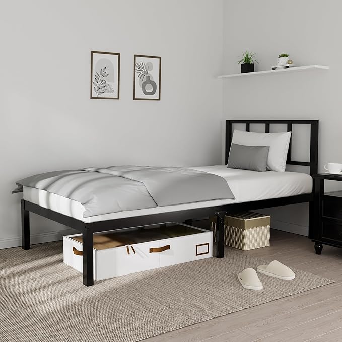 14 Inch Bamboo Bed Frame – Solid Wood Platform Bed Frame, Strong and Stable, with Non-Slip Slats for Support, No Box Spring Needed, Easy to Assemble, Noise-Free (Black, Twin with Headboard)