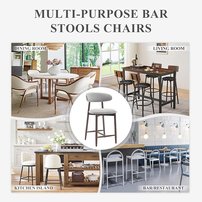 COLAMY Bar Stools Set of 3, Counter Height Barstools with Back, Upholstered Bar Stools with Wood Legs for Kitchen Island Dining Room Bar, Light Grey