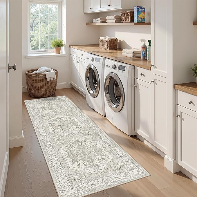 Washable 2x8 Runner Rug Vintage Area Rugs for Hallway Water Resistant Kitchen Entryway Rug Ultra Soft Living Room Bedroom Carpet Indoor Low Pile Floor Mat for Bathroom Dining Room(2x8,Beige)