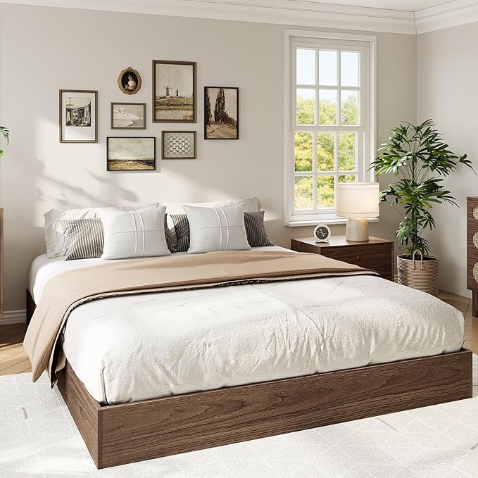 IDEALHOUSE Platform Bed Frame King Size,Wooden Slat Support,No Box Spring Needed, Easy Assembly,Walnut