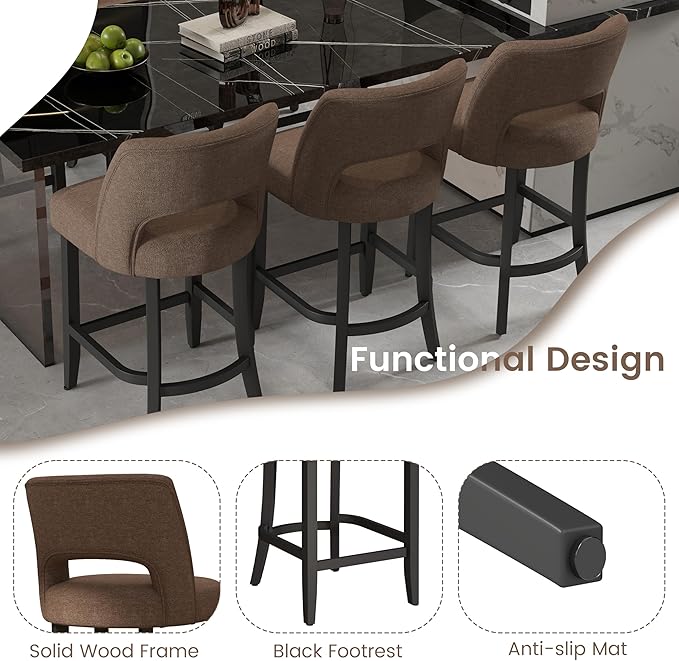 VKNOW Bar Stools Set of 6, 26" Upholstered Counter Height Bar Stools, Modern Counter Stools with Black Legs for Kitchen Island Dining Room Bar, Brown-Black Legs