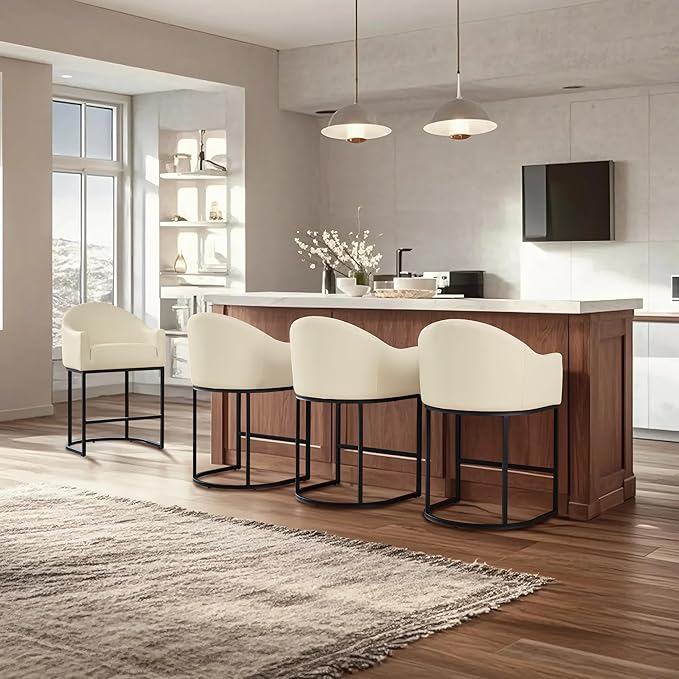 Counter Height Bar Stools Set of 4,Modern Counter Height Bar Stools,PU Leather Upholstered Barrel Barstools with Backs,26'' Kitchen Island Chairs,Metal Black Frames,Beige White Leather