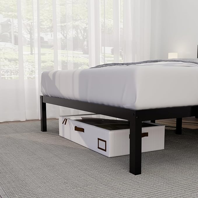 14 Inch Bamboo Bed Frame – Solid Wood Platform Bed Frame, Strong and Stable, with Non-Slip Slats for Support, No Box Spring Needed, Easy to Assemble, Noise-Free (Black, Queen)