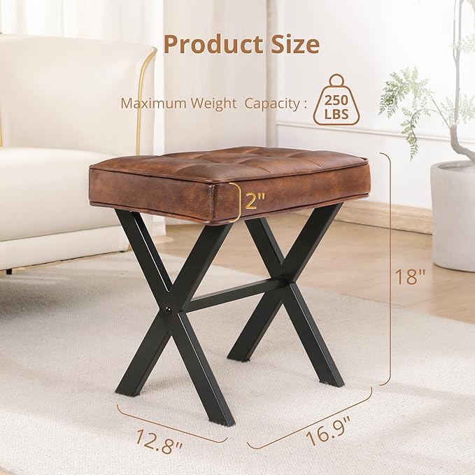 LUE BONA Vanity Stool, Square Faux Leather Makeup Stool with Metal X Legs, Small Ottoman Stool Chair for Vanity, Modern Padded Vanity Seat Foot Rest Stool for Makeup Room, Living Room, Reddish Brown