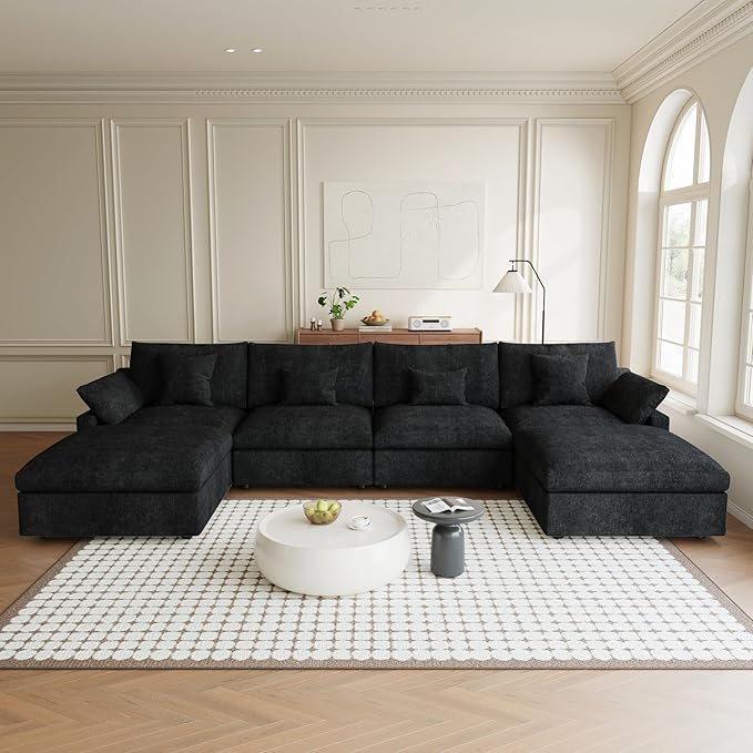 Modular Sectional Sofa Cloud Couch, 155.9" Oversized U Shaped Couch with Chaise Ottomans, Modern Minimalist Deep Seat Couches for Living Room, Sofa Covers Washable&Removable, Black