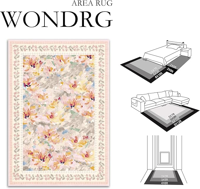 5x7 Washable Area Rug Beige Pink Living Room Bedroom Floral Throw Rug Abstract Modern Non Slip Soft Low Pile Carpet for Dining Room Office Nursery Indoor