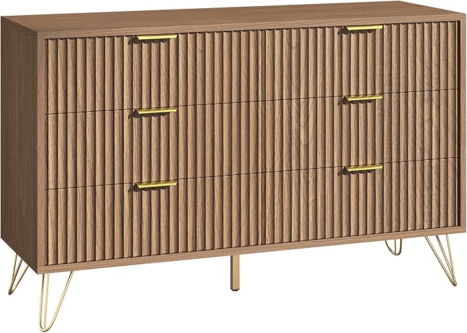 Fluted 6 Drawers Dresser for Bedroom, Wood Dressers with Scratch-Proof Golden Handles, Natural Curved Profile, Modern Double Chest for Living Room, Hallway, Entryway, Natural Oak