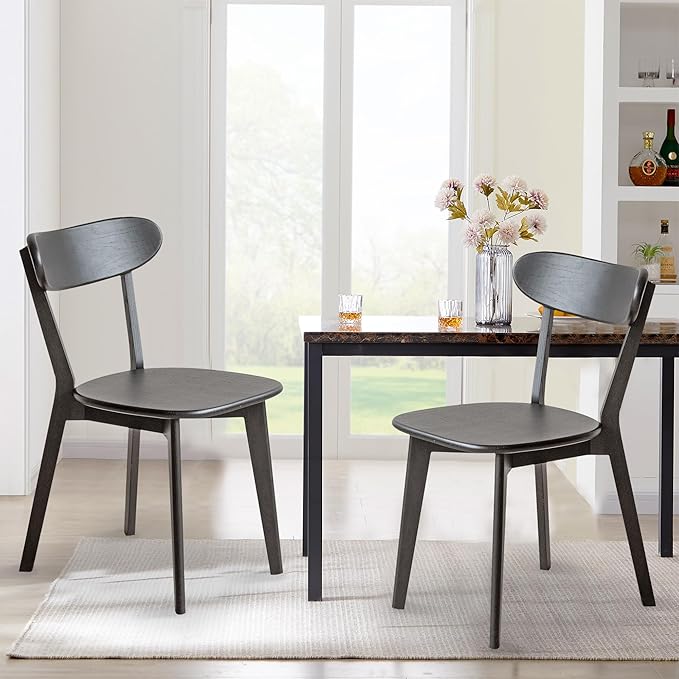 Modern Dining Chairs Set of 2, Solid Oak Wood Dining Chair with Comfortable Backrest, Sturdy Wooden Chairs for Kitchen, Dining Room, Black