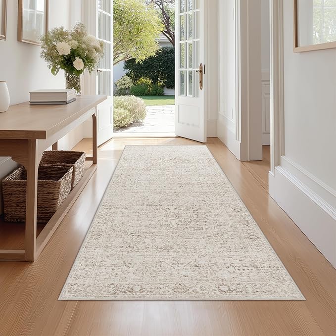 FMFUNCTEX 3x10 Runner Rug Beige Washable Vintage Neutral Oriental Distressed Non Slip Low Pile Indoor Carpet Soft Retro Hallway Entryway Rug for Kitchen Living Room Bedroom Bathroom Laundry Bedside