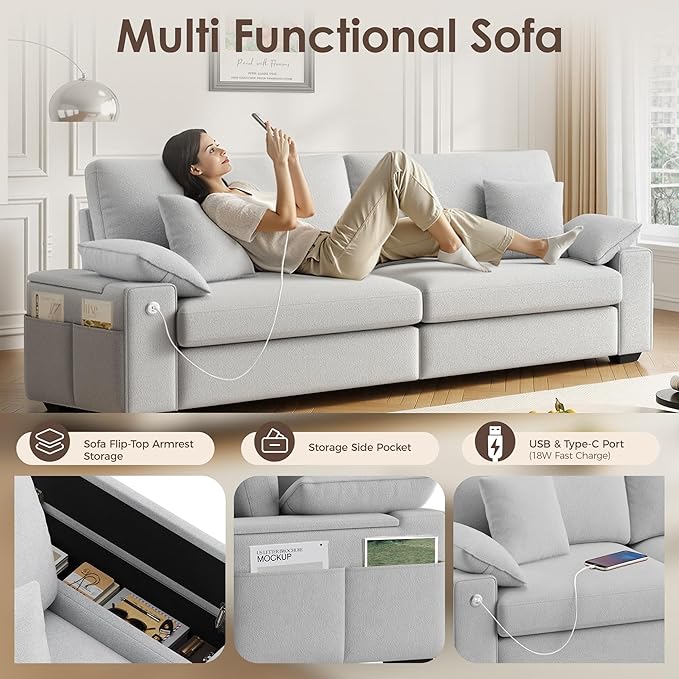 88.58" 3 Seats Deep Seat Sofa Couch, Light Grey | USB/Type-C Port, Side Storage, Removable Cover, Wide Armrest, For Small Space