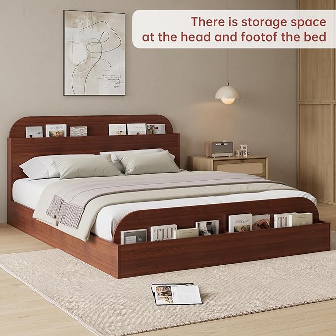 GarveeHome Queen Size Bed Frame, Wooden Beds with Storage Headboard and Raised-Foodboard, Queen-Floor Low Platform Bed for Bedroom, Sturdy Wooden Slats Support, No Box Spring Needed, Espresso