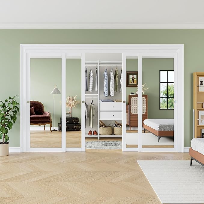 120" x 80" Sliding Closet Door, 1-Lite One-Side Mirror Bypass Door Panel with Hardware Track Kit & Floor Guide, Solid Wood Slab Pre-Assembled with PVC Surface, Silver Round Handle