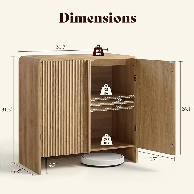 AMERLIFE Fluted Buffet Cabinet with Storage, Modern Sideboard Cabinet with 2 Doors & Adjustable Shelf, Console Table & Credenza for Living Room, Dining Room & Entryway, Natural Oak