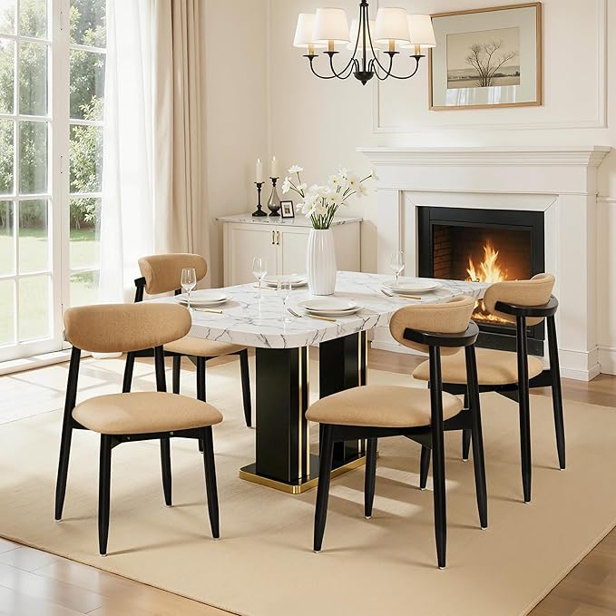 CHUN YI Dining Chairs Set of 4, Upholstered Solid Wood Dining Room Chairs, Mid Century Modern Fabric Kitchen Chairs with Ergonomic Curved Back, Khaki (Only Chairs)