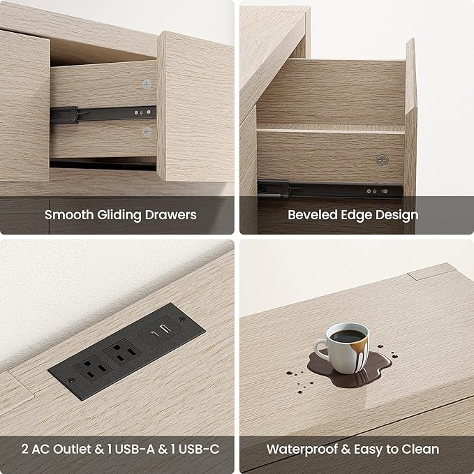 ModernMate 6 Drawer Dresser for Bedroom, 55'' Modern White Oak Chest of Drawers with Charging Station, Wood Bedroom Dresser with Large Storage for Living Room, Entryway, Nursery, Anti-Tipping, Natural